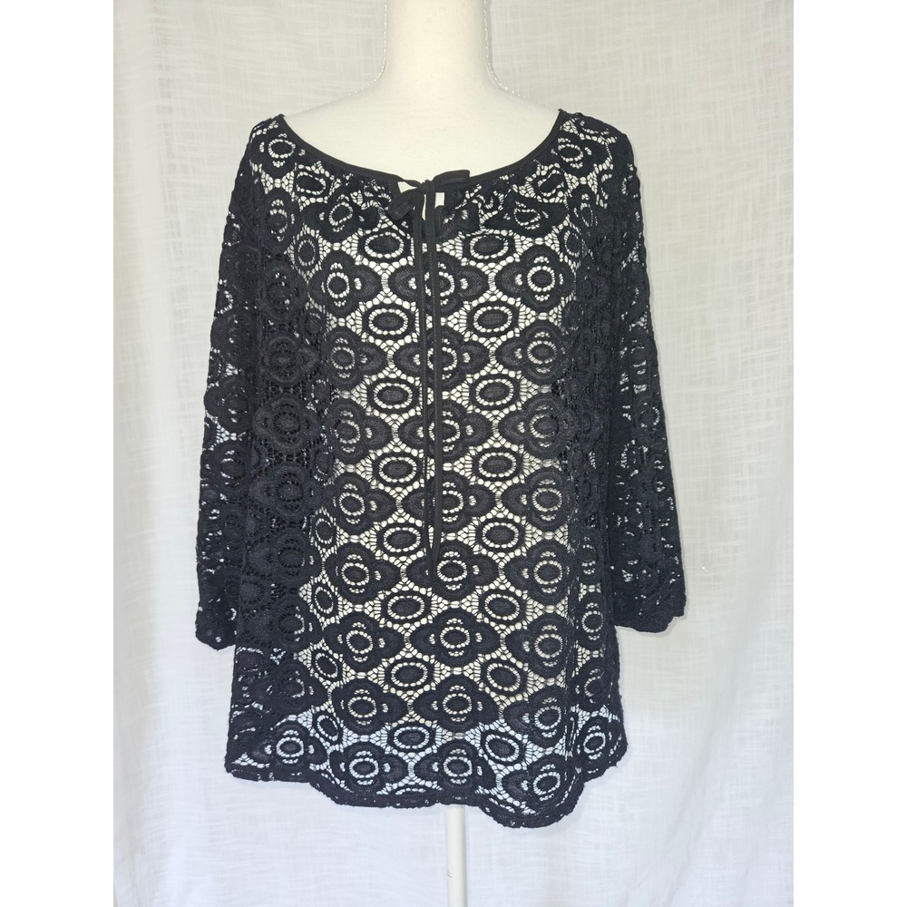 Lace Blouse Womens L Black 3/4 Sleeve Sheer Romantic Boho Whimsigoth Elegant